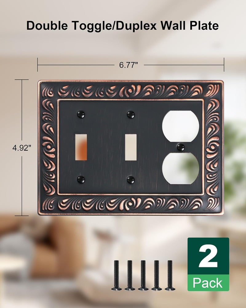 treewell 2-Pack Combo Double Toggle/Single Duplex Outlet Covers, Paisley Pattern Decorative Switch Plates and Outlet Covers, 4 Gang Aged Bronze Metal Wall Plates, Corrosion Resistant - Image 2